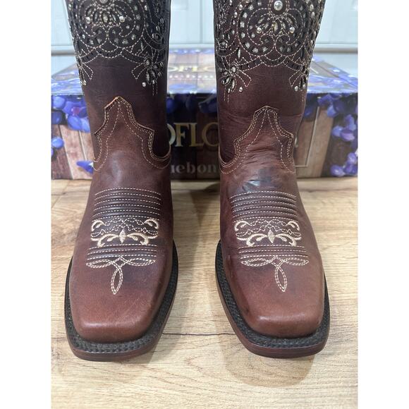 Wildflowers Bluebonnet Cedro Embroidered Cowboy Boots Brown Leather Size 7 NIB - Picture 5 of 16